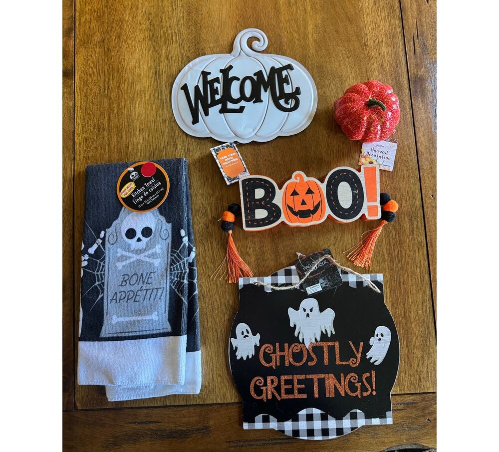NWT Halloween Decor Lot Ghost Pumpkin Bone Appetit Towel Yard Sign Fall Decor
